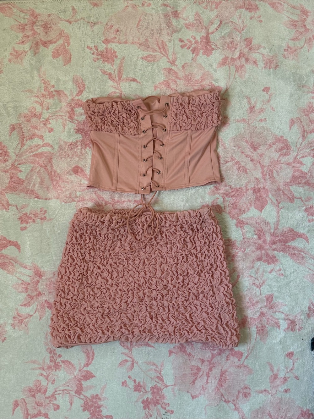 Fashion Nova Dusty Rose Smocked Mini Skirt & Lace-Up Corset Set